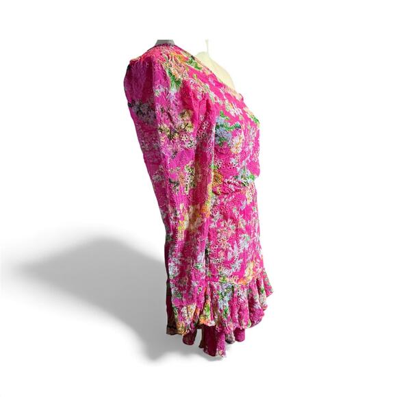 Hemant & Nandita Eyelet Lace Floral One Shoulder Mini Dress, Pink, Size Small - Picture 5 of 8